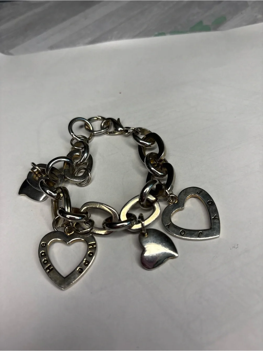 Chunky Heart Charm Bracelet Hope Joy Inspirational Silver Tone Jewelry